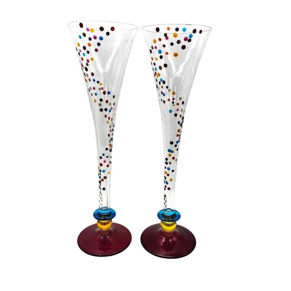 Vintage Pier 1 Confetti Blown Glass Champagne Flutes Multicolor Dots Set of 2